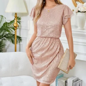 Women’s Pink Sequin Short Sleeve Bodycon Dress Ruffled Shoulder Detail Elegant Party Evening Dress
