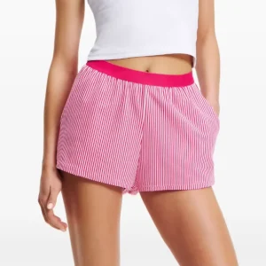 Women’s Pink Striped Bermuda Shorts with Elastic Waistband High Waist Two Side Inset Pockets Casual Style Embroidered Technique
