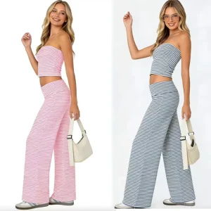 Women’s Pink Striped Two Piece Set Strapless Crop Top & High Waist Wide Leg Pants Casual Loungewear Streetwear Outfit