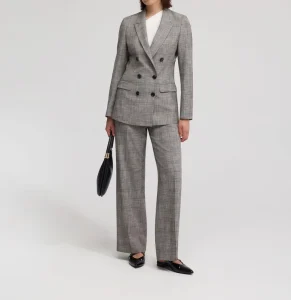 Women’s Plaid Blazer Grey Double Breasted Waist Cinched Suit Jacket Elegant Office Business Casual Blazer for Ladies