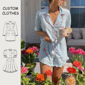 Women’s Plaid Bow Collar 2 Piece Casual Loungewear Shorts Set 100% Cotton Terry Fabric Eco-Friendly Custom Logo OEM Sample