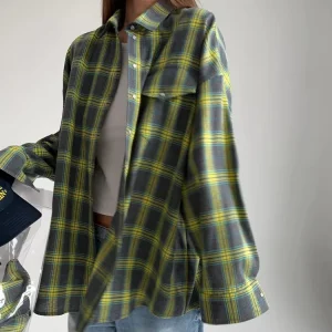 Women’s Plaid Coat Lapel Single Breasted Cardigan Shirt with Pockets Long Sleeve Casual Comfortable Tops