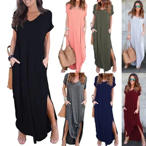 Women’s Plus Size Autumn Casual Cotton Loose Pocket Long Sleeve Split Dress Front Logo Dropped Waist Anti Static