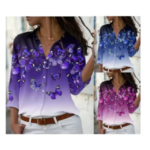 Women’s Plus Size Butterfly Printed Long Sleeve Button-Up Shirt