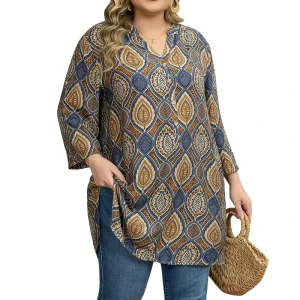 Women’s Plus Size Casual Blouse V-neck Loose Straight Print Top For Daily Outings and Office Wear Three colors 1XL-5XL