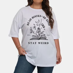 Women’s Plus Size Casual Breathable T-Shirts Oversized White Organic Cotton Loose Book Flower Letter Logo Graphic