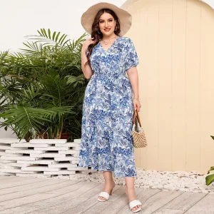 Women’s Plus Size Casual Dress Short Comfortable V neck Loose Silhouette Floral Print Summer 100% Polyester Black