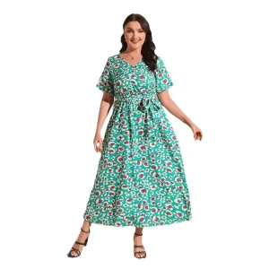 Women’s Plus Size Casual Floral Short Sleeve V Neck Ruffle Long Flowy Boho Polyester Vacation Dress for Summer