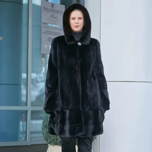 Women’s Plus Size Casual Long Winter Skirt Coat Hood Fur Hem Button Decoration Real Mink Polyester Lining