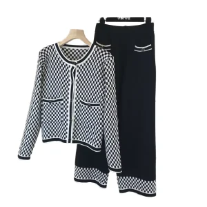 Women’s Plus Size Casual Plaid Knitwear Two Piece Set Breathable Long Sleeve Cardigan Top Button Wide Leg High Waist Pants
