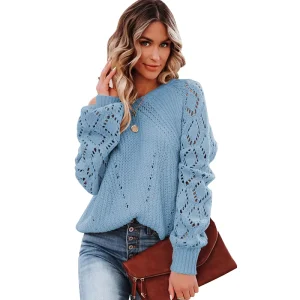 Women’s Plus Size Casual Pullover Sweater Tops Breathable Merino Wool Knit Cardigan Long Hollow Sleeves for Winter Solid Color