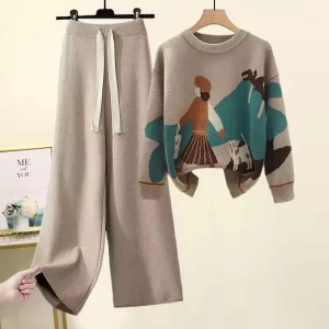 Women’s Plus Size Casual Sweater Set Autumn Winter Two Piece Trendy Suit Slimming Loose Pants Western Style Knitted