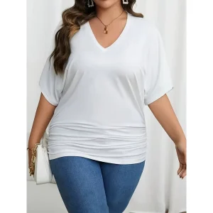 Women’s Plus Size Casual T Shirt Custom V Neck Design Summer Short Sleeve Solid Color Tops New Arrival