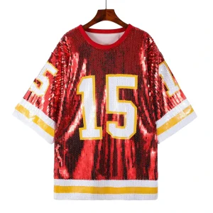 Women’s Plus Size Casual T Shirt Loose Waist Long Football Dress Sequin Front Logo Knitting Embroidered 100%