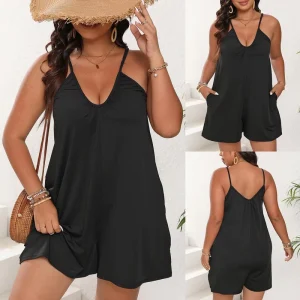 Women’s Plus Size Deep V Neck Jumpsuit Boho Beach Romper with Pockets Casual Sleeveless Cover Up Bulk