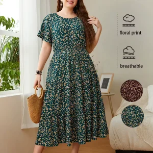 Women’s Plus Size Dresses Casual Crew Neck Natural Waist Floral Mid Calf Breathable Loose Flattering Slimming Spring Summer