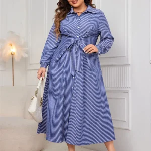 Women’s Plus Size Eco-Friendly Casual Dress Spring Blue White Striped Slim Fit Long Sleeves Lace-up Design Button Belt Natural