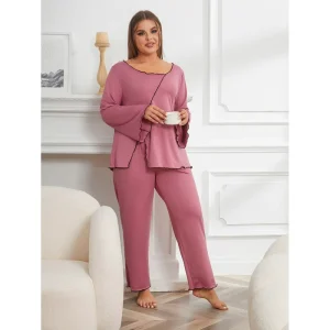 Women’s Plus Size Fall Winter Loungewear Set Striped Trim Split Long Sleeve Pajama Set Casual Wear to Street
