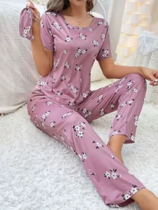 Women’s Plus Size Floral Print Loungewear Set Short Sleeve Top & Long Pants