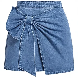 Women’s Plus Size High Waist Skinny Denim Wrap Front Bow Solid Bodycon Mini Skirt Casual Summer Washable Medium Wash