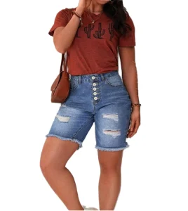 Women’s Plus Size High Waisted Ripped Denim Shorts Hot Summer Straight Style Stretch Slim Washed Technique Free Shipping USA