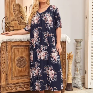 Women’s Plus Size Home Dress Floral Digital Printed Breathable Bamboo Stretch Short Sleeve Nightgown for Spring Summer Softness