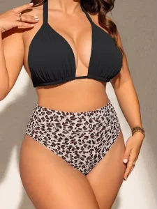 Women’s Plus Size Leopard High Waist Bikini Set Quick Dry Two Piece Swim Suits Beachwear