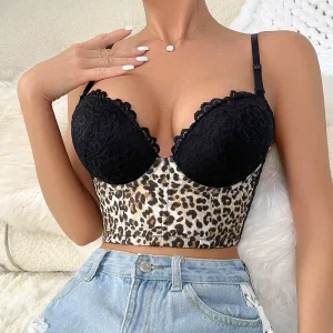 Women’s Plus Size Leopard Push-Up Bra Set Wire Free Nylon Minimizer Bra Panties Bikini Sexy Lingerie Bra Breathable