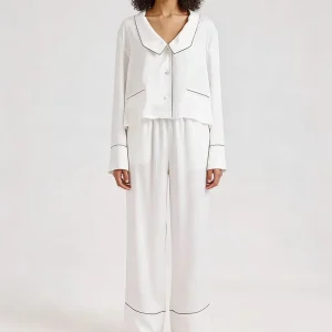 Women’s Plus Size Luxury 2 Piece Loungewear Set White Ribbed Elastic Waist Pajama Top Pants Turn down Collar Spring Knitted