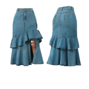 Women’s Plus Size Mid Length Denim Skirt Slim Fit Ruffle Casual Style Autumn Season Latest Design Logo Waist Slit