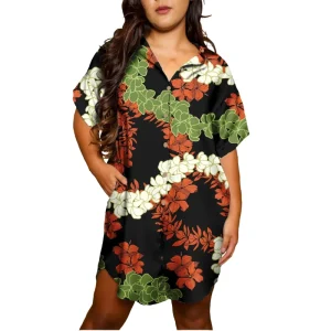 Women’s Plus Size Midi Hawaiian Island T-Shirt Dress Breathable Vintage Custom Printed Pockets Spring Summer