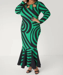 Women’s Plus Size Retro Geometric Print Dress Cutout Neckline Long Sleeve Mermaid Hem Formal Dress