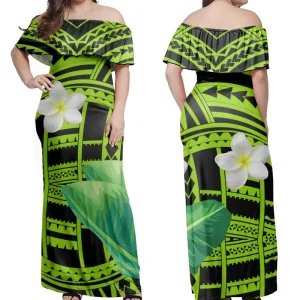 Women’s Plus Size Samoan Dress Off Shoulder Pullover Long with Hibiscus Print