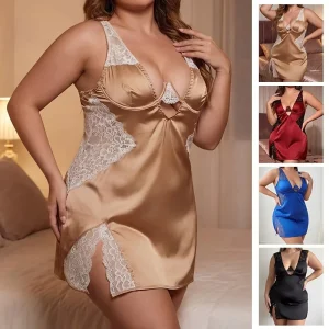 Women’s Plus Size Satin Lace Babydoll Lingerie V Neck Split Side Sleepwear Nightgown with Underwire Push up