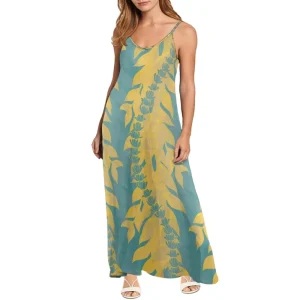 Women’s Plus Size Sexy Suspender Long Skirt Designer Custom Print on Demand Maile Leaves All Over Print Dress