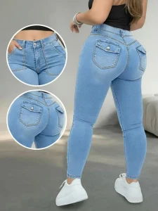 Women’s Plus Size Skinny High Waist Stretch Denim Jeans Spring Casual Trousers with Zipper Pockets Button High Street Streetwear