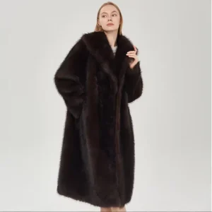 Women’s Plus Size Slim Lapel-Front Faux Fox Fur Coat Autumn/Winter Stylish Warm Eco-Friendly X-Long Wool/Silk