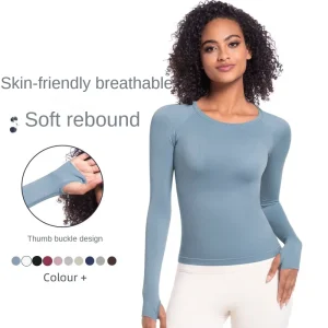 Women’s Plus Size Slim T-Shirt Top Solid Ribbed Long Sleeve Crew Neck Comfortable Fashion Bottom Yoga Shirt Seamless Feature