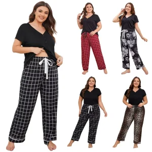 Women’s Plus Size Soft Loungewear Two Piece Set Short Sleeve Top and Long Pants Casual Relaxed Fit Sleepwear