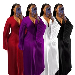 Women’s Plus Size Solid Color V neck Pleated Long Sleeved Elegant Slim Fit Dress