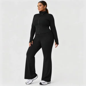 Women’s Plus Size Sports Set For Autumn Winter Slim Fit Stand Collar Jacket High Stretch Hip Lifting Flared Pants Fitness Suit
