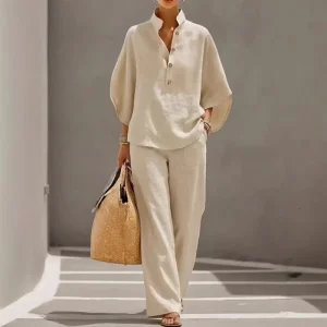 Women’s Plus Size Stand up Collar Shirt Set Casual Loose Fit Set
