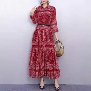 Women’s Plus Size Summer Casual Chiffon A-Line Floral Print Dress with Natural Waist and Sashes