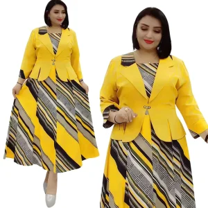 Women’s Plus Size Two Piece Set Printed Dress and Suit Coat for Office Women’s Dress