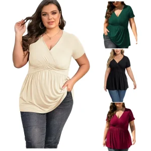 Women’s Plus Size V-Neck Short Sleeve Knitted T-Shirt