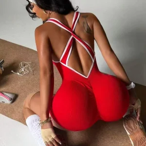Women’s Plus Size V neck Yoga Jumpsuit Crisscross Back Ribbed Texture Moisture Wicking Slim Fit Lightweight Short Romper Gym