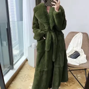Women’s Plus Size Western Style Faux Coat Long Sleeved Anti Wrinkle Large Lapels Waist Cinching Design Plain Dyed Winter Rabbit