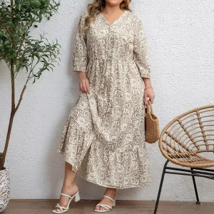 Women’s Plus Size Woven Vacation Dress 3 4 Sleeves Single breasted Drawstring Design Skirt Casual Retro Khaki Cashew Print