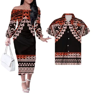 Women’s Polynesian Samoan Tribal Woven Eco Friendly Evening Dress Red White Hibiscus Print Long Sleeve Knee Length Bodycon