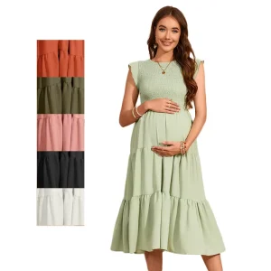 Women’s Pregnant Dresses Wear Loose Casual Fly Sleeve Shirr A Line Maternity Dress Daily Clothes Summer